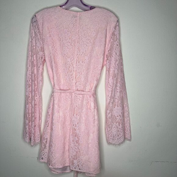 Marjorelle Pale Pink Lace Long Sleeve Tie Waist Kimono Wrap Mini Dress Robe M - Picture 6 of 12